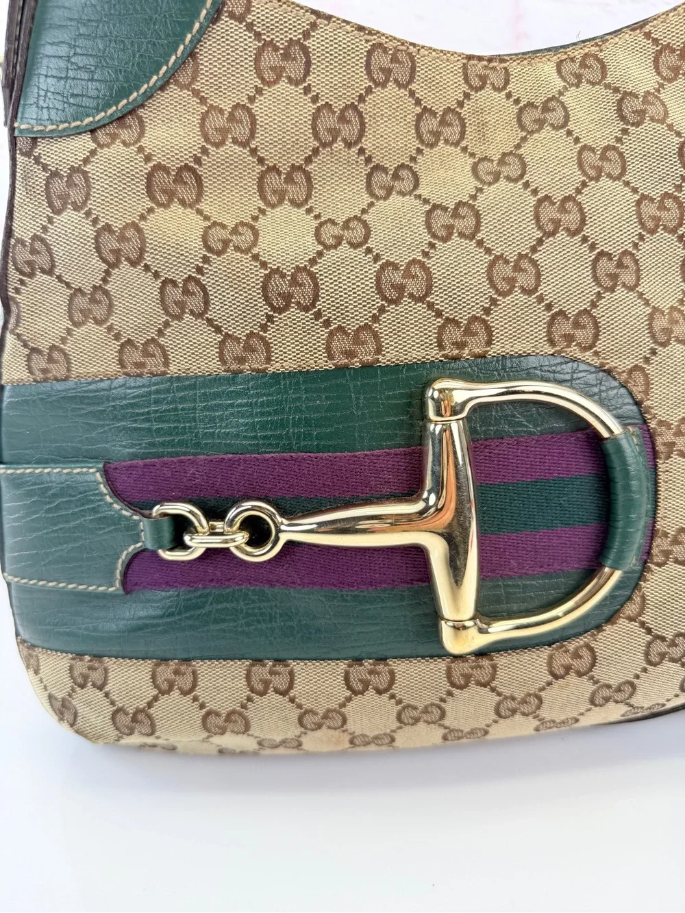 Gucci Beige/Ebony GG Canvas Green Leather Horsebit Hobo Bag